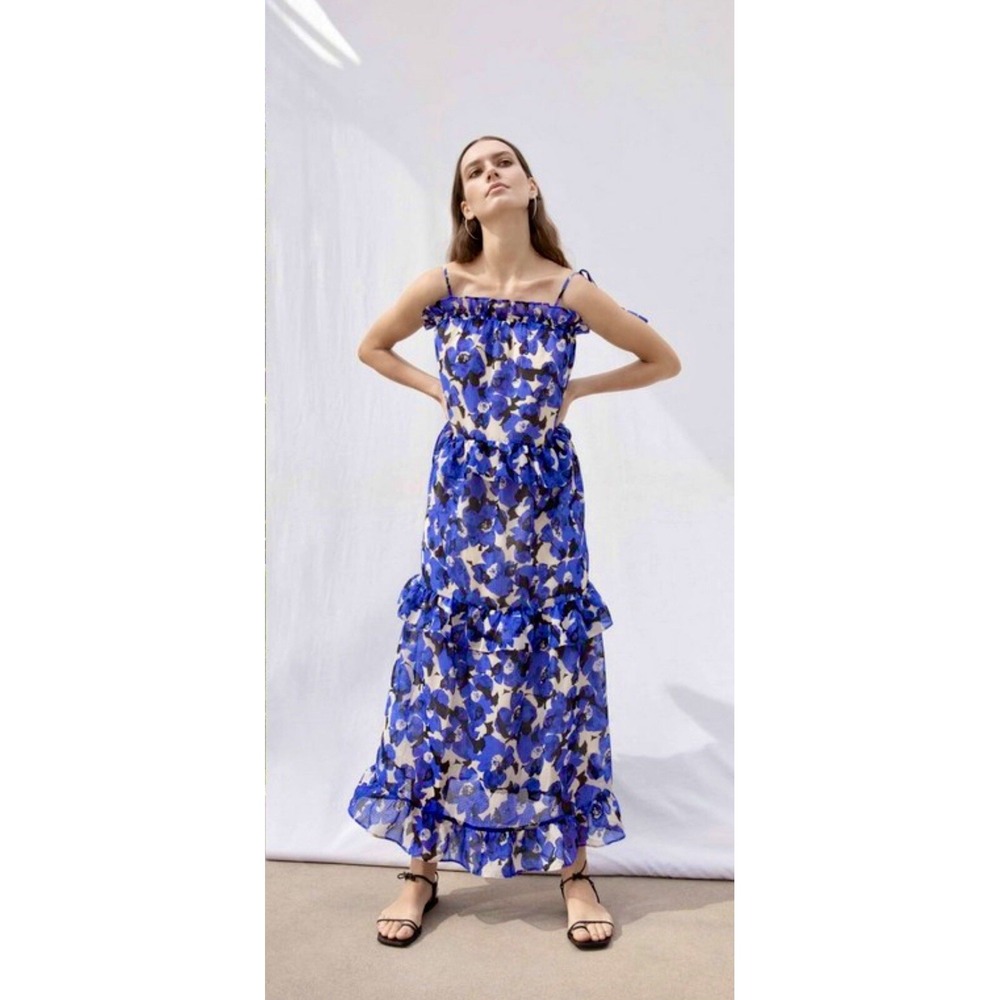 Who What Wear Maxi summer Dress Blue Black Floral Strappy Tiered Ruffle Lined XS